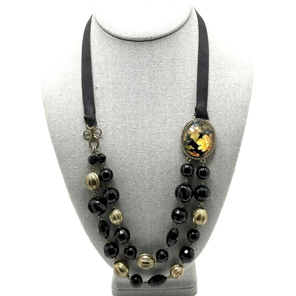 1928 Brand Black Gold Bead Necklace Faceted Floral Cabochon Ribbon Statement 24